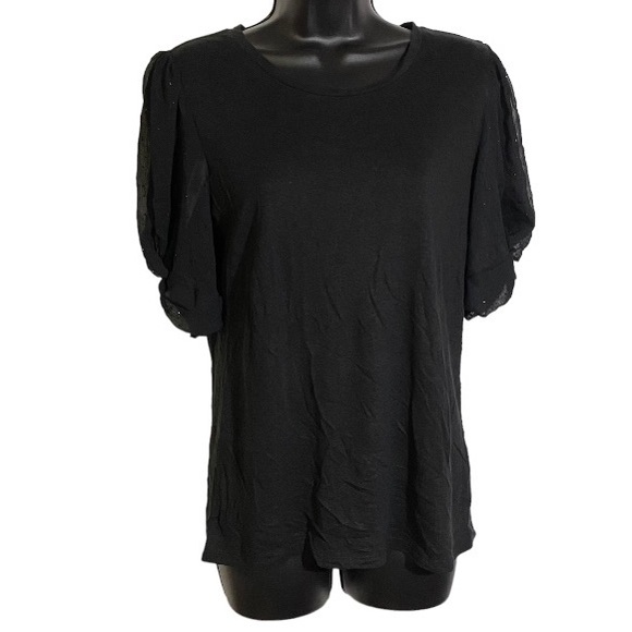 Elie Tahari Linen Blend Sheer Puff Short Sleeve Black Top Women’s Size Small - Picture 1 of 8